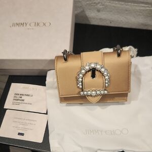 NWT Jimmy Choo Cheri Mini Champagne Satin Bag w/ Pearl Detail